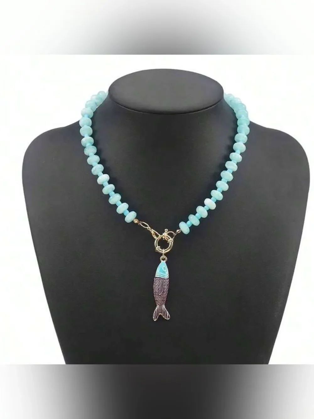 light blue Bead Necklace Fish Charm A1665